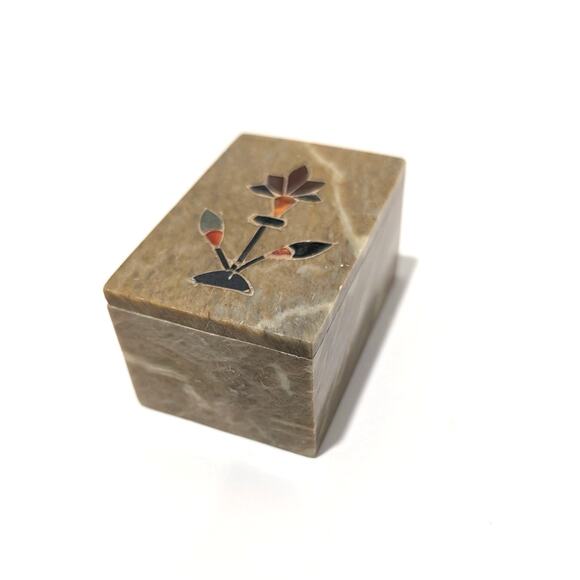 Vtg Beige Soapstone Marble Lidded Trinket Box Floral Inlay Rectangle India - Picture 2 of 16